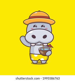 cute hippo illustration. summer time. cute vector design character. Vector isolated flat illustration for poster, brochure, web, mascot, sticker, logo and icon.