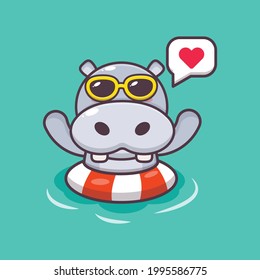 cute hippo illustration. summer time. cute vector design character. Vector isolated flat illustration for poster, brochure, web, mascot, sticker, logo and icon.