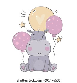 Cute Hippo. Illustrations for children. Baby Shower card