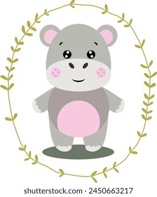 Cute hippo inside an oval leaves border