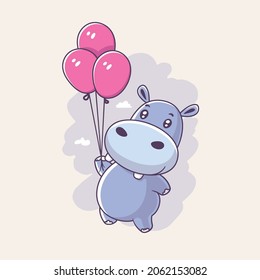 Cute hippo kawaii cartoon character flying with balloons vector illustration