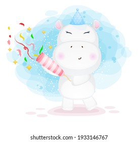 Cute hippo letting off party popper cartoon illustration Premium Vector