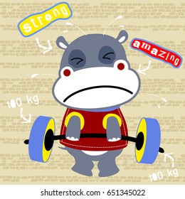 Cute hippo lifting heavy barbell on bricks background, vector cartoon illustration