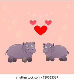 Cute Hippo in love for child illustration. Vector hippopotamus for funny zoo.  Vector wildlife illustrations. Hippo lettering.