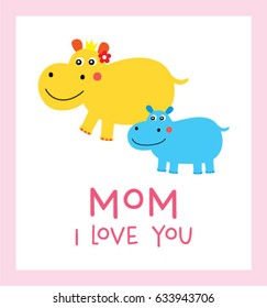 cute hippo i love you mom greeting vector