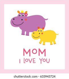 cute hippo i love you mom greeting vector