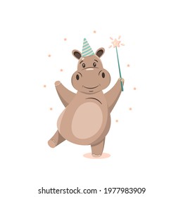 Cute hippo with a magic wand in his hand, a cap on his head, on a white background.