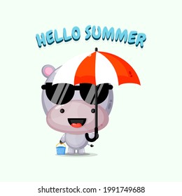 Cute hippo mascot carrying umbrella with summer greetings