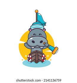 cute hippo mascot cartoon character on the boat