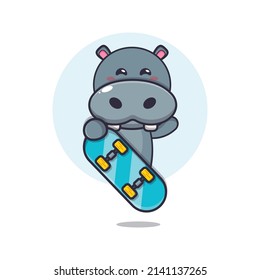 cute hippo mascot cartoon character with skateboard