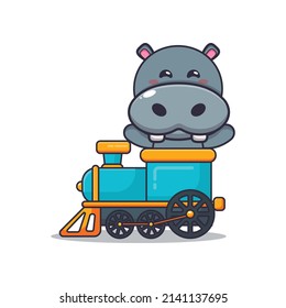 cute hippo mascot cartoon character ride on train