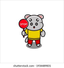 cute hippo mascot design with stop sign vector design eps 10