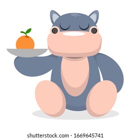 cute hippo mascot eat orange fruit cartoon vector