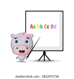 Cute hippo mascot explains the alphabet