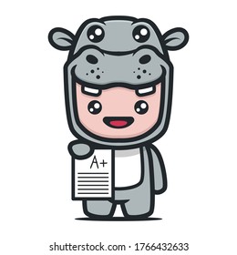 Cute Hippo mascot with school student theme design illustration