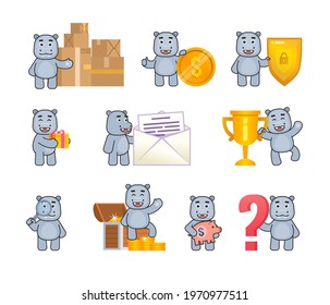 Cute hippo mascots in various situations. Cheerful hippopotamus stand near parcel boxes, big coin, shield, question mark and other actions. Modern vector illustration