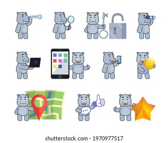 Cute hippo mascots in various situations. Cheerful hippopotamus holding spyglass, magnifier, laptop, standing near big phone, map and other actions. Modern vector illustration