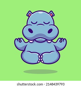 Cute Hippo Meditating Yoga Cartoon Vector Icon Illustration. Animal Nature Icon Concept Isolated Premium Vector. Flat Cartoon Style