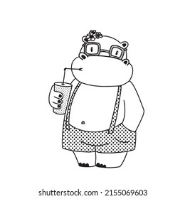 cute hippo with mojito, vector illustration, summer clipart with cartoon character