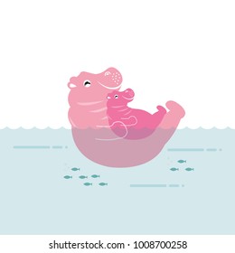 Cute hippo mom and baby on the water background. Vector illustration