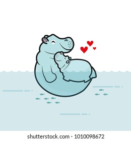 Cute hippo mom and baby on the water background. Vector illustration