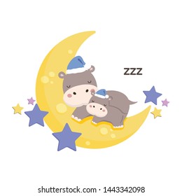 Cute hippo  mom and baby sleep on the moon.
