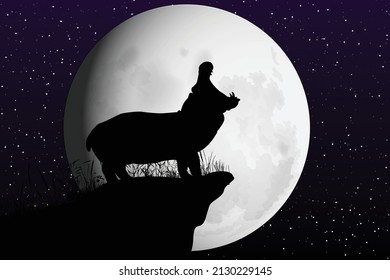 cute hippo and moon silhouette illustration
