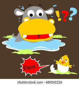 Cute hippo with newborn duck, vector cartoon illustration
