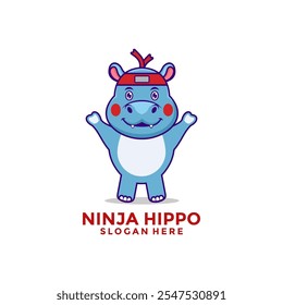 Bonito Hippo Ninja Cartoon ícone do logotipo do vetor, bebê bonito Ninja modelo de design do logotipo do hipopótamo