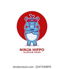 Cute Hippo Ninja Cartoon vector logo icon, cute baby Ninja hippo logo design template