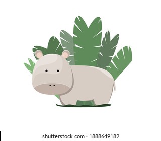 Cute hippo on a background of green leaves. Children's illustration
