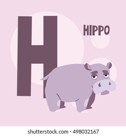 cute hippo on a background of the letter H. The square background. vector illustration