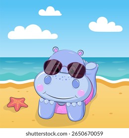 Cute Hippo on the Beach in Sunglasses – Cartoon Summer Illustration. Adorable cartoon hippo wearing sunglasses and relaxing on the beach with ocean waves and a starfish in the background. 