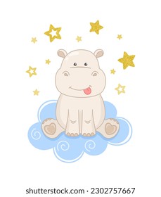 Hipódromo lindo sobre una nube aislada en un fondo blanco con estrellas pequeñas amarillas. Pequeño hipopótamo sonriente, pequeño gigante sentado. Ilustración vectorial para afiches, tarjetas de felicitación, banner, cubierta e impresión