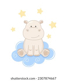 Cute hippo on a cloud, isolated on a white background with yellow small stars. Little smiling hippopotamus, tiny sitting behemoth. Vector illustration for greeting card, poster and print for t-shirt