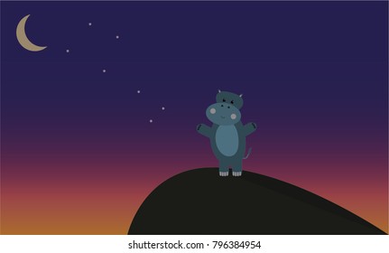 Cute hippo on a hill gazing at the night sky