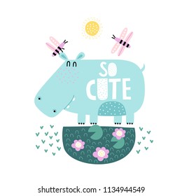 Cute hippo on a lake with lilies. Dragonflies fly over a hippopotamus. Childish print for nursery, kids apparel, postcard, poster. Vector Illustration.