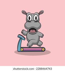 Cute hippo on treadmill cartoon illustration