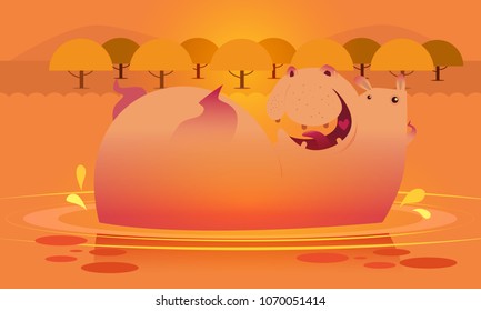 Cute hippo on the water background. Vector illustration