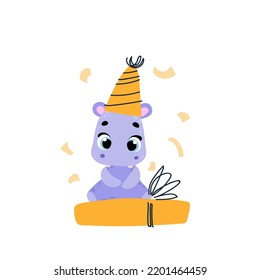 Cute hippo in a party cap with gift. Vector print for children room, fabric, paper, greeting card, postcard, card, t shirt, poster, textile. Vector illustration. Happy birthday card. 