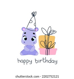 Cute hippo in a party cap with gift. Vector print for children room, fabric, paper, greeting card, postcard, card, t shirt, poster, textile. Vector illustration. Happy birthday card. 