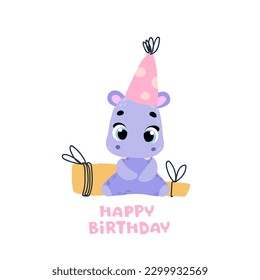 Cute hippo in a party cap with gift. Vector print for children room, fabric, paper, greeting card, postcard, card, t shirt, poster, textile. Vector illustration. Happy birthday card. 