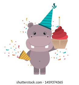 cute hippo with party hat on white background