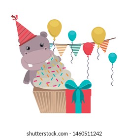 cute hippo with party hat on white background