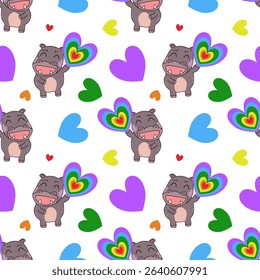 Cute hippo pattern with colorful hearts.