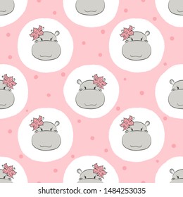 Cute Hippo pattern. Vector cartoon seamless background for kids.