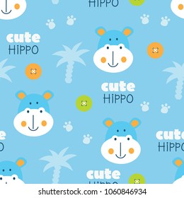 Cute hippo, paws, buttons and palms blue seamless pattern