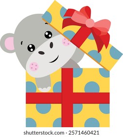 Cute hippo peeking inside a birthday gift