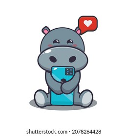 Cute hippo with phone. Cute animal cartoon illustration.