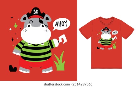 Cute hippo pirate illustration with tshirt design premium vector the Concept of Isolated Technology. Flat Cartoon Style Suitable for Landing Web Pages,T shirt, Flyers, Stickers